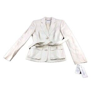 Calvin Klein Suit Jacket Sport Coat Women Sz 2 Ivory/Cream Linen/Rayon Belt New